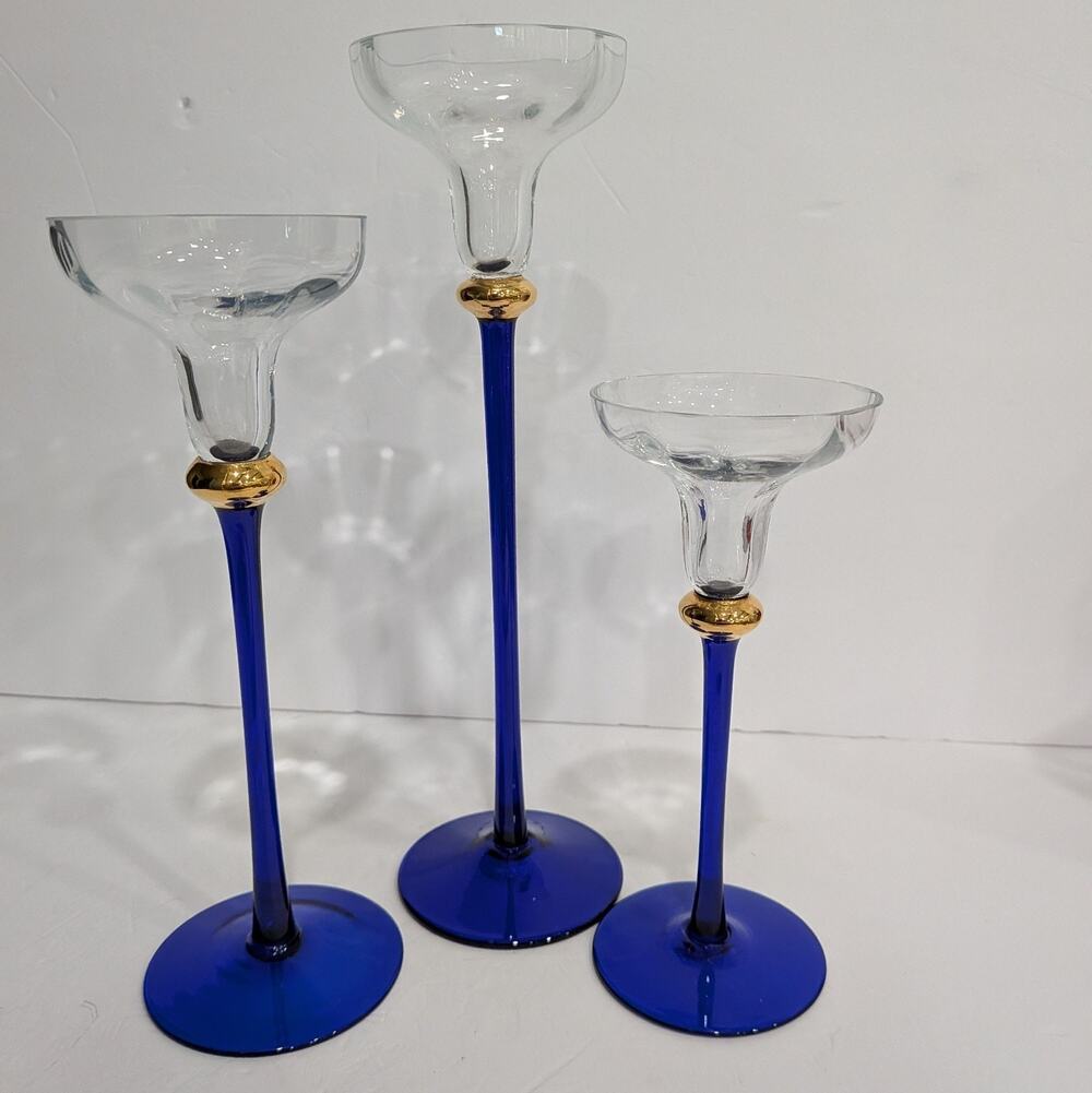 THREE (3) COBALT BLUE STEM ROMANIA CRYSTAL CANDLE HOLDERS CLEAR OPTIC HOLDERS